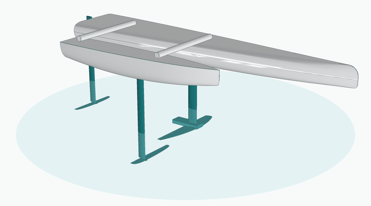 Rendering of the Wyspa foiling motor proa: a long main hull and a shorter outrigger joined by two cross beams, flying above the water on three hydrofoils